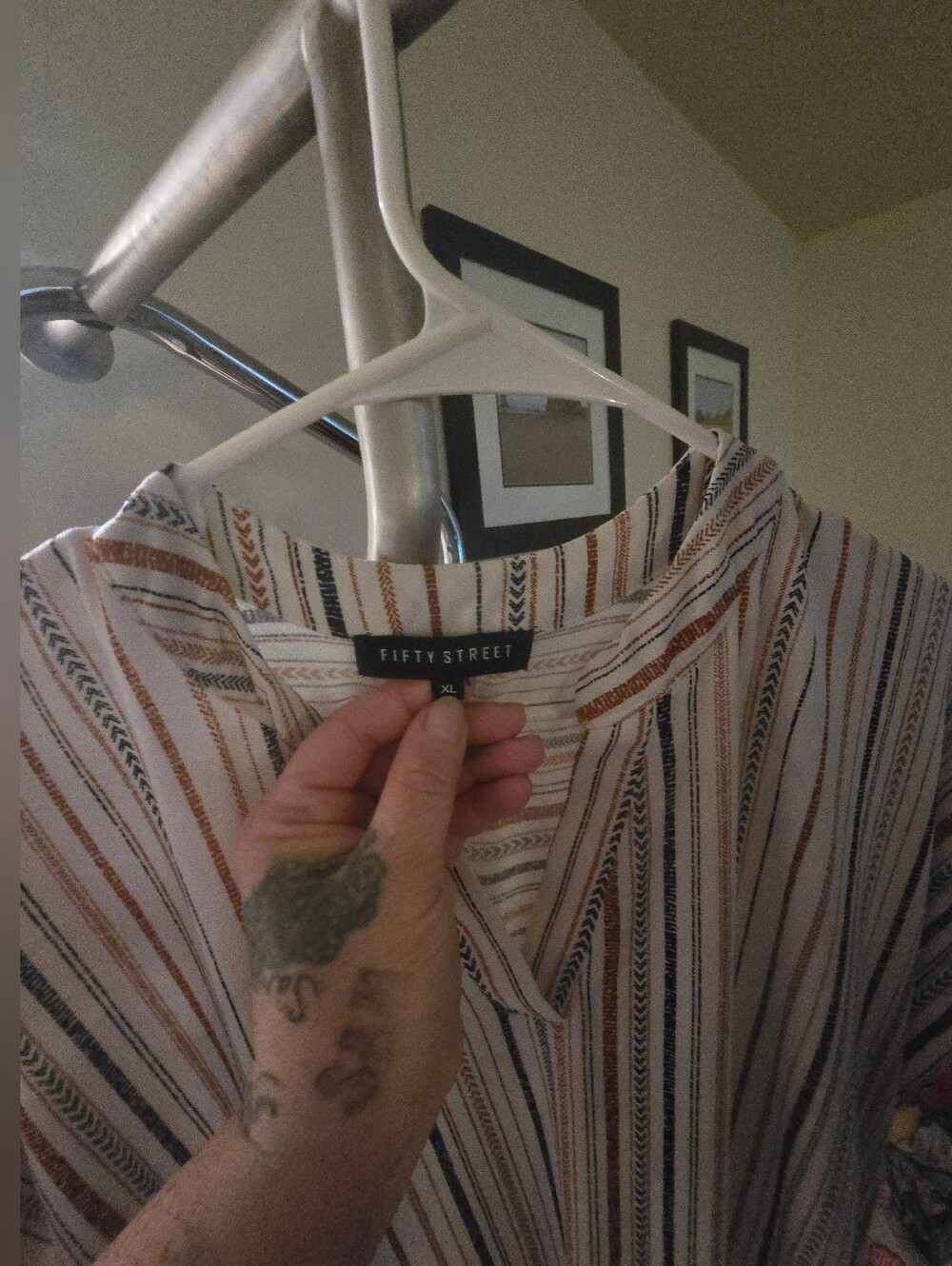 Fifty Street Womens Striped Long Sleeve Shirt - White with Brown & Black Stripes